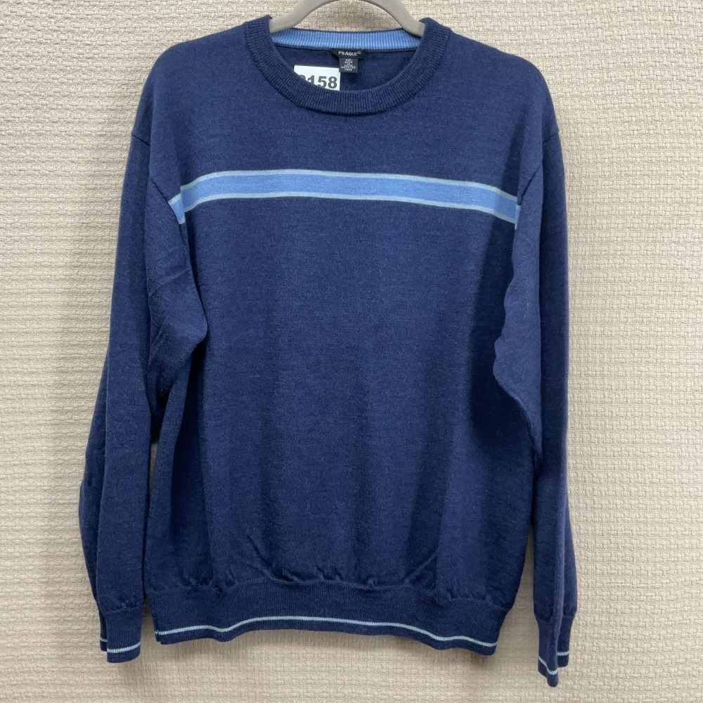 Vintage Prague Wool Knit Sweater Size 2XL Blue Crew Neck‎ Contrast Stripe Accent